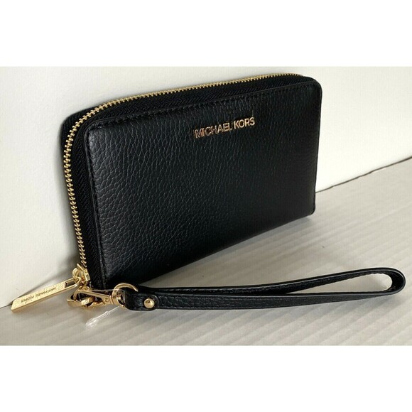 New Michael Kors Jet Set Travel Large Flat phone case Leather Black / Gold - Picture 2 of 4